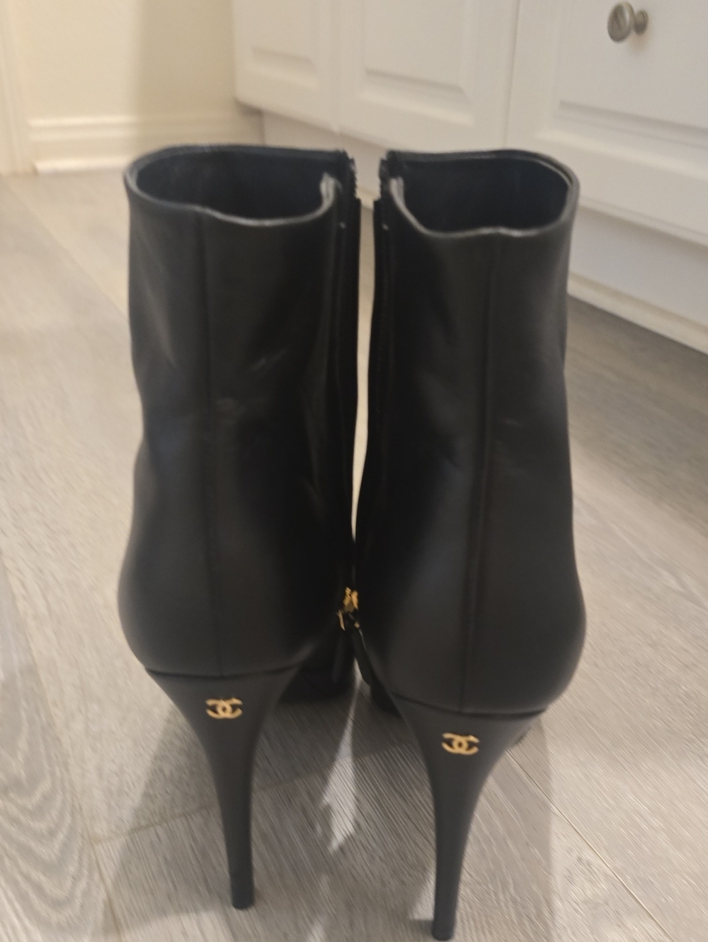 CHANEL Black Leather Ankle Platform Booties with Gold CC Heel Emblem